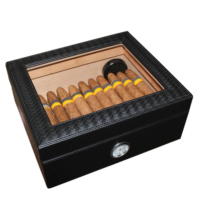 AMANCY Handmade Elegant Black Leather 25-50 Cigar Humidor