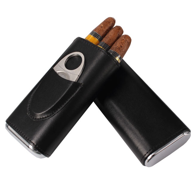 AMANCY Classic Black Leather 3 Fingers Cigar Case with Cedar Wood Lining