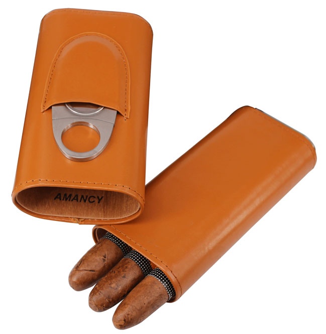 AMANCY Quality 3- Fingers Orange Leather Crushproof Cigar Holder Case with Cedar Wood Lined