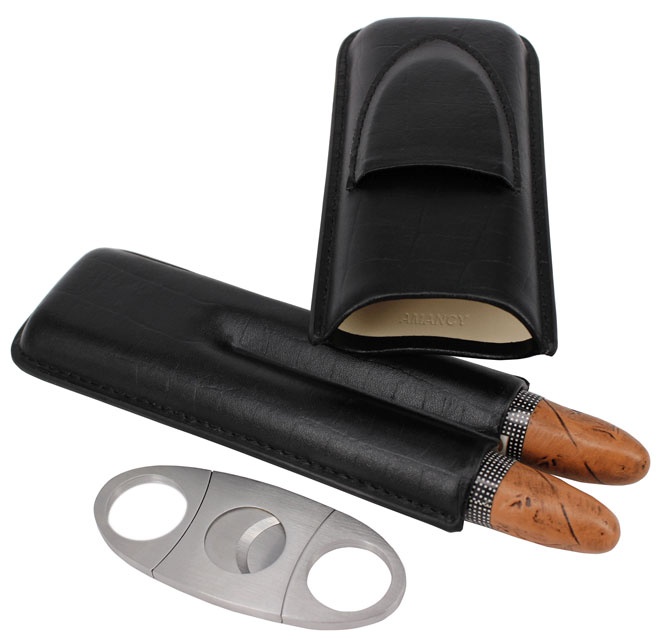 AMANCY Decent Pocket- Fitable Adjustable 2 Tubes Genuine Leather Black Cigar Case with Cutter