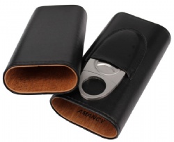 AMANCY Classic Black Leather 3 Fingers Cigar Case with Cedar Wood Lining