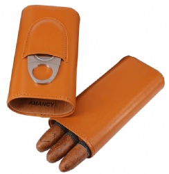 AMANCY Quality 3- Fingers Orange Leather Crushproof Cigar Holder Case with Cedar Wood Lined