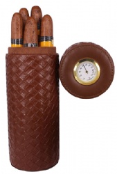 AMANCY Quality Brown Leather Cigar Humidor Case, Cigars Jar Tube with Hygrometer
